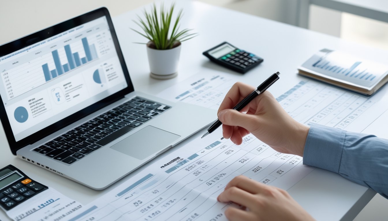 Sebuah meja kerja dengan laptop, spreadsheet, dan kalkulator yang menunjukkan perbandingan dua metode perhitungan togel.