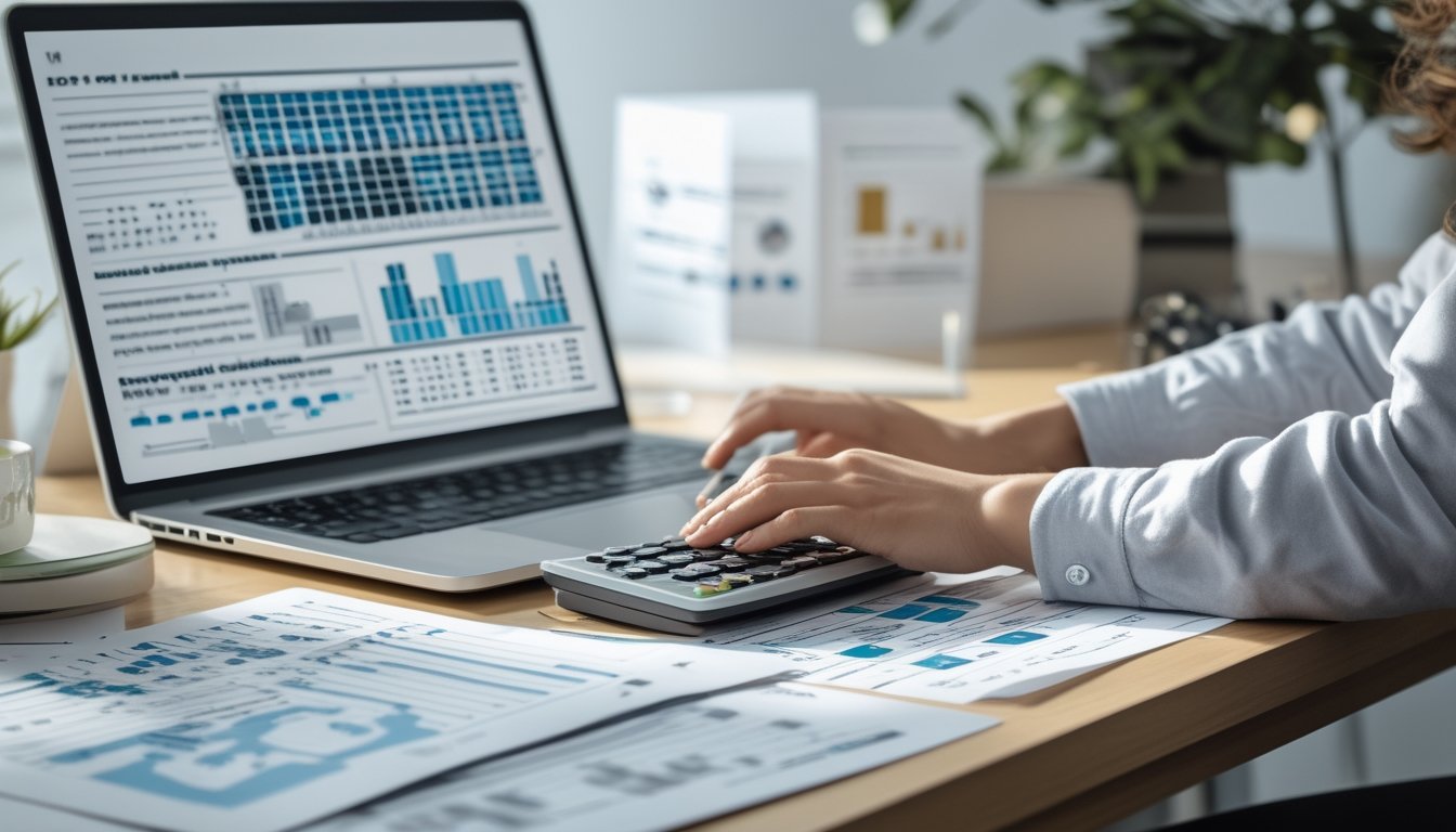 Seseorang sedang menganalisis data dan grafik di meja kerja dengan laptop, kertas, dan kalkulator.