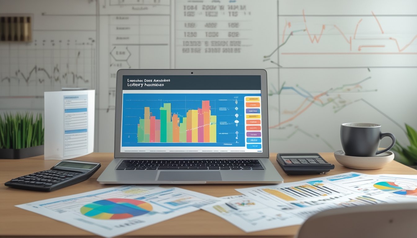 Meja kerja dengan laptop yang menampilkan grafik dan angka, kertas cetak dengan garis tren, kalkulator, dan cangkir kopi, menggambarkan analisis data angka togel.