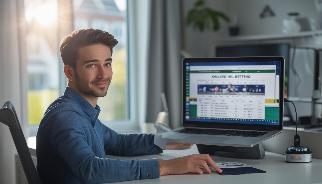 Seorang pria muda duduk di meja dengan laptop, menggunakan situs taruhan NHL online dengan suasana yang aman dan profesional.