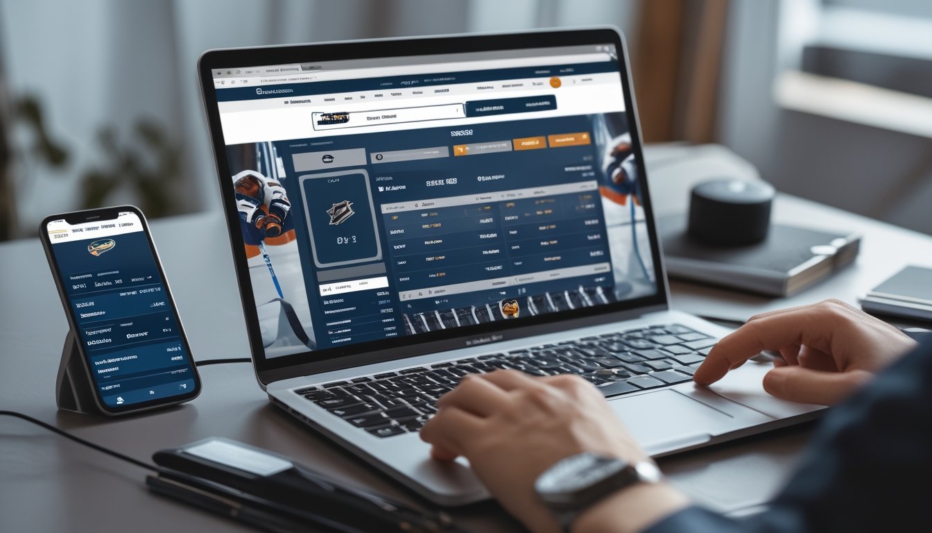 Seseorang menggunakan laptop dan ponsel untuk memasang taruhan NHL online di ruang kerja yang rapi dengan peralatan hoki kecil di meja.