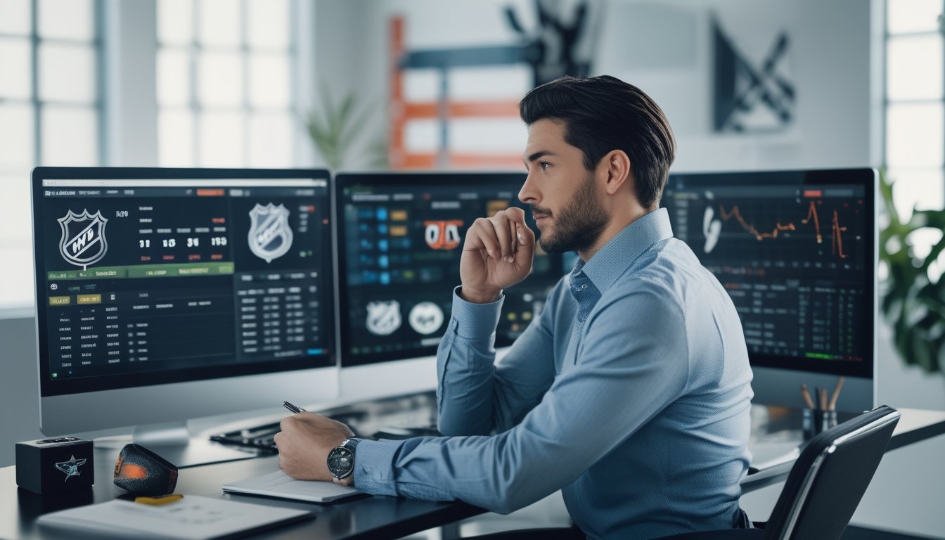 Seseorang sedang menganalisis data taruhan NHL di depan beberapa layar komputer di ruang kantor yang terang dan rapi.