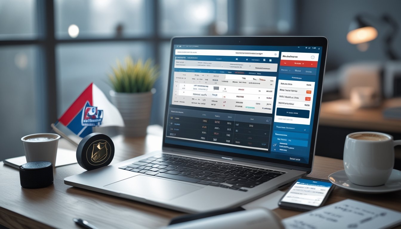 Meja kerja dengan laptop menampilkan statistik dan peluang taruhan NHL, dilengkapi dengan puck hoki, bendera kecil tim NHL, buku catatan, kopi, dan ponsel dengan aplikasi taruhan.
