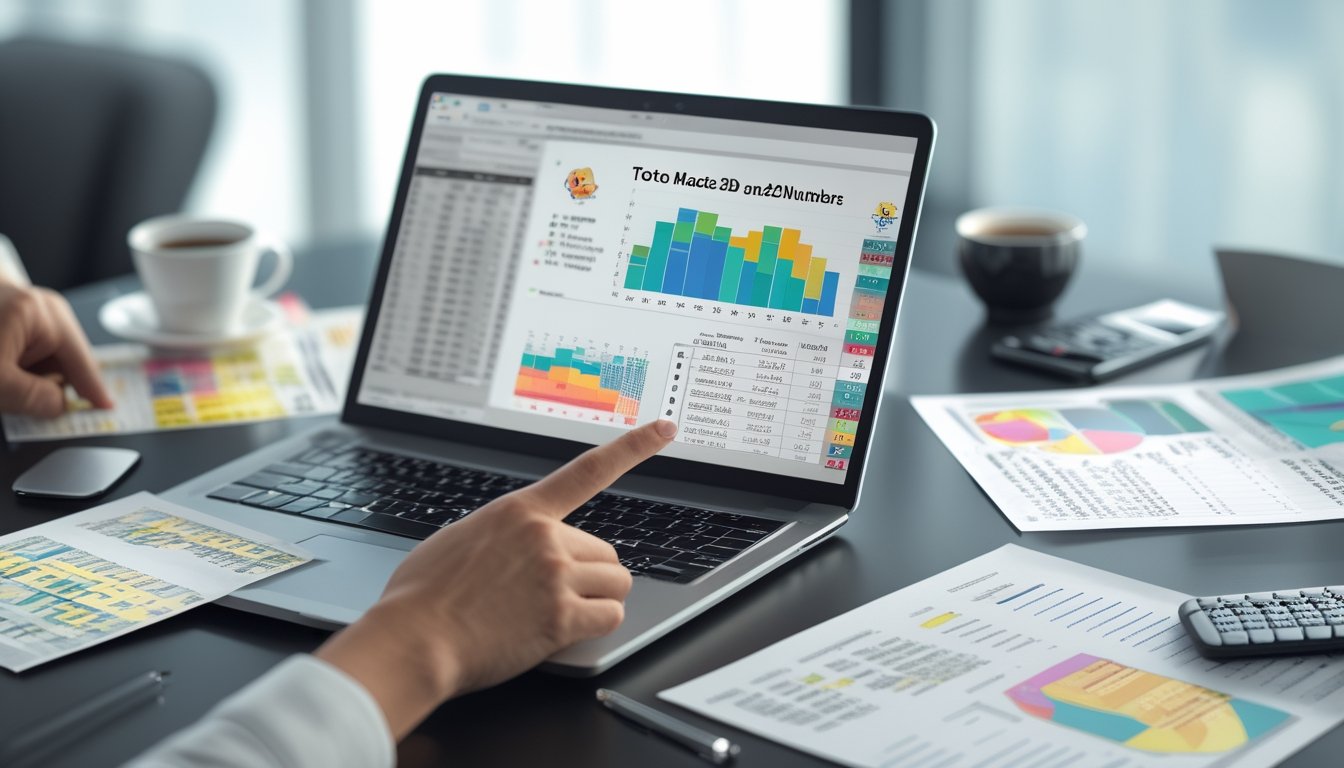 Meja kerja dengan laptop yang menampilkan grafik dan pola angka togel, tangan seseorang menunjuk layar, dan beberapa lembar data di sekitarnya.