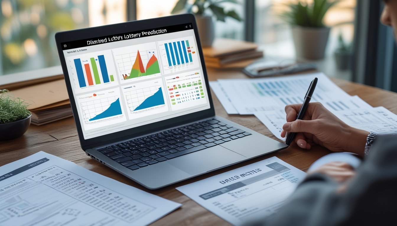 Sebuah ruang kerja modern dengan laptop yang menampilkan grafik dan data hasil lotere, tangan seseorang sedang memegang pena di atas meja kayu dengan kertas data tersebar.