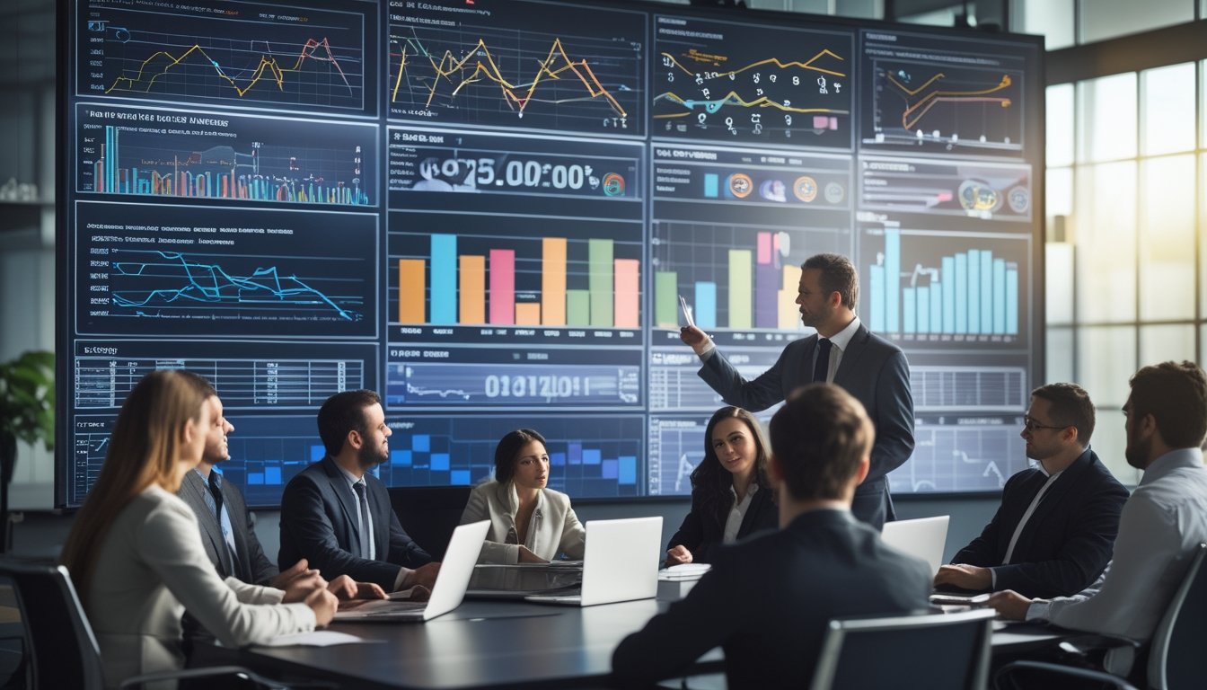 Sekelompok profesional sedang menganalisis data di ruang kantor dengan layar besar yang menampilkan grafik dan angka.