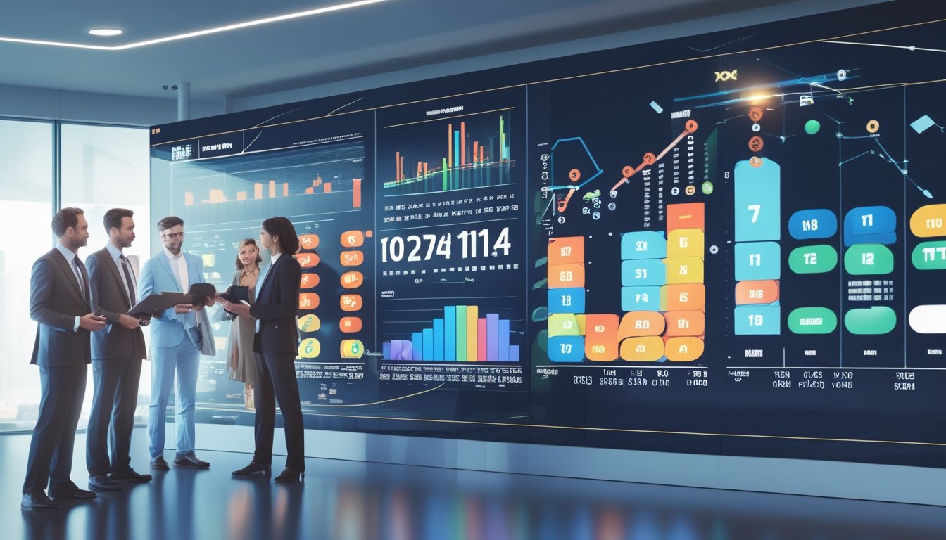 Sejumlah profesional sedang berdiskusi di kantor modern dengan layar digital menampilkan grafik dan data angka lotere.