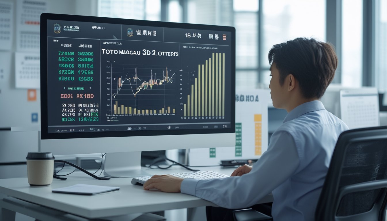 Seorang profesional sedang memeriksa data hasil pengeluaran Toto Macau di depan komputer di ruang kantor yang terang dan rapi.