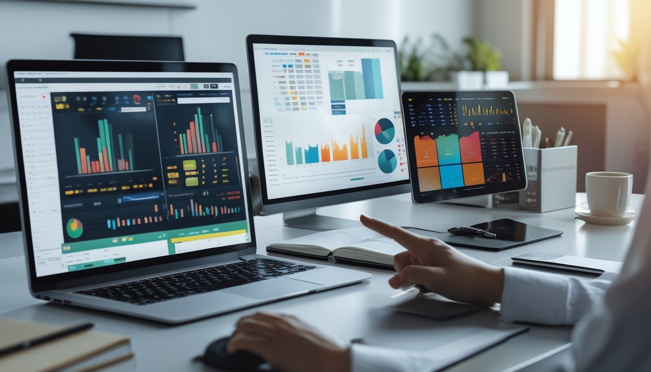 Meja kerja dengan perangkat digital yang menampilkan grafik dan data statistik, seseorang sedang menganalisis angka dengan latar kantor yang rapi.