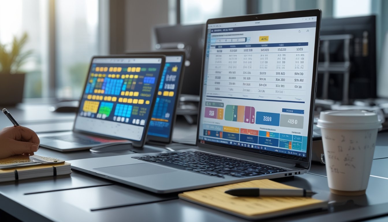 Meja kerja dengan perangkat digital yang menampilkan grafik dan data angka untuk analisis strategi permainan Toto Macau.