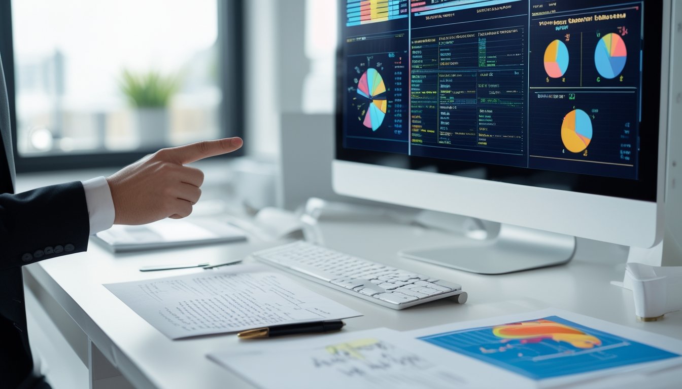 Meja kerja dengan komputer menampilkan data dan pola angka, tangan menunjuk layar, suasana kantor modern.