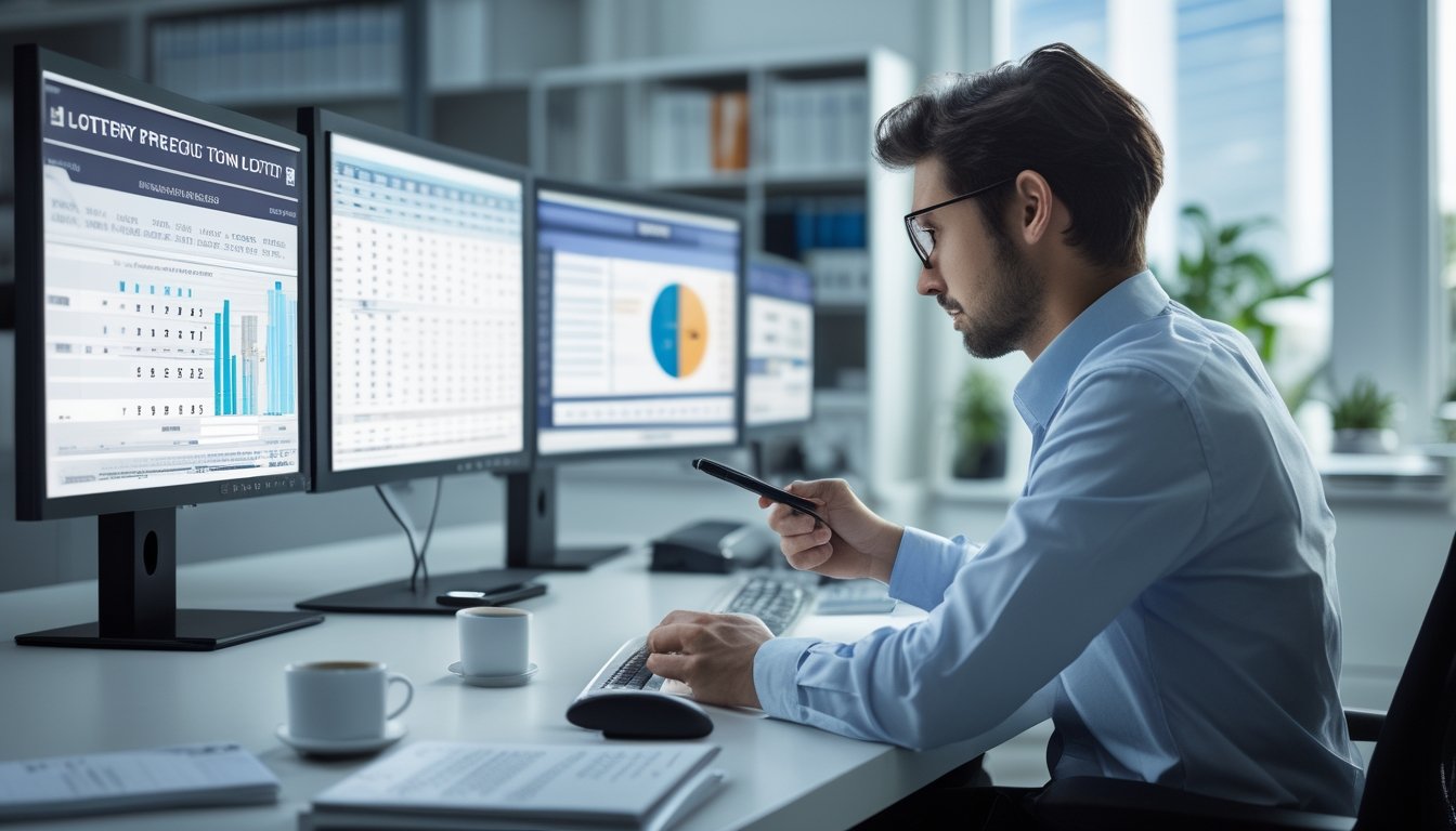 Seorang profesional sedang menganalisis data angka di meja kerja dengan komputer dan alat tulis di kantor yang terang dan rapi.