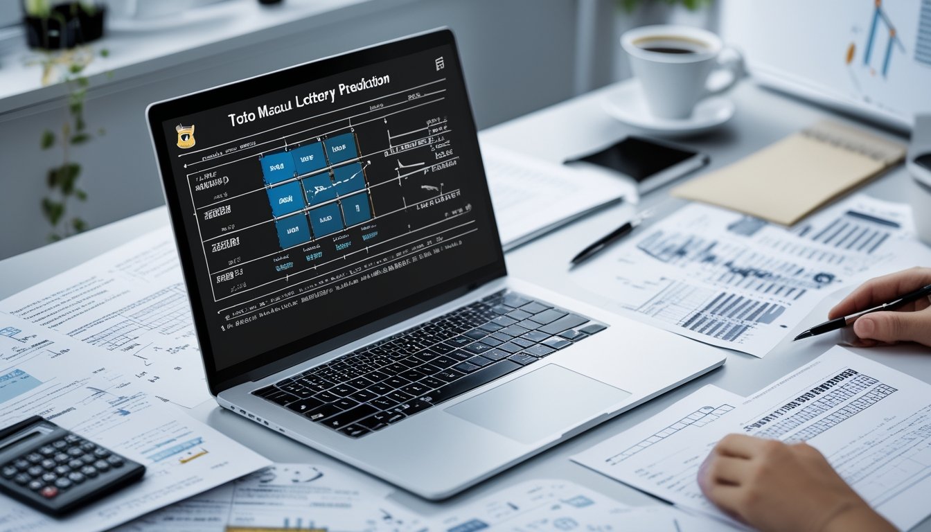Meja kerja dengan laptop, kertas berisi rumus, kalkulator, dan alat tulis yang menggambarkan analisis prediksi permainan Toto Macau.