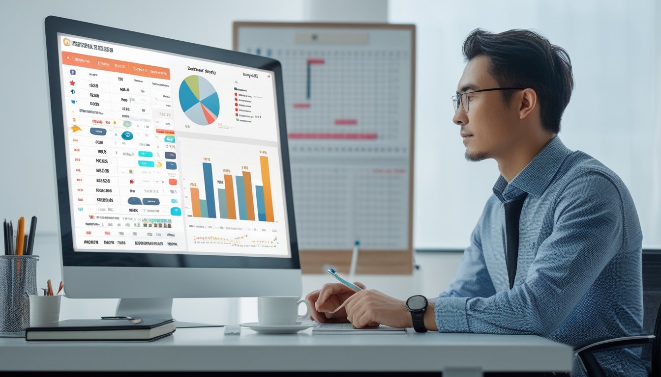 Seorang pria duduk di meja kantor, fokus menganalisis statistik dan grafik pada layar komputer.