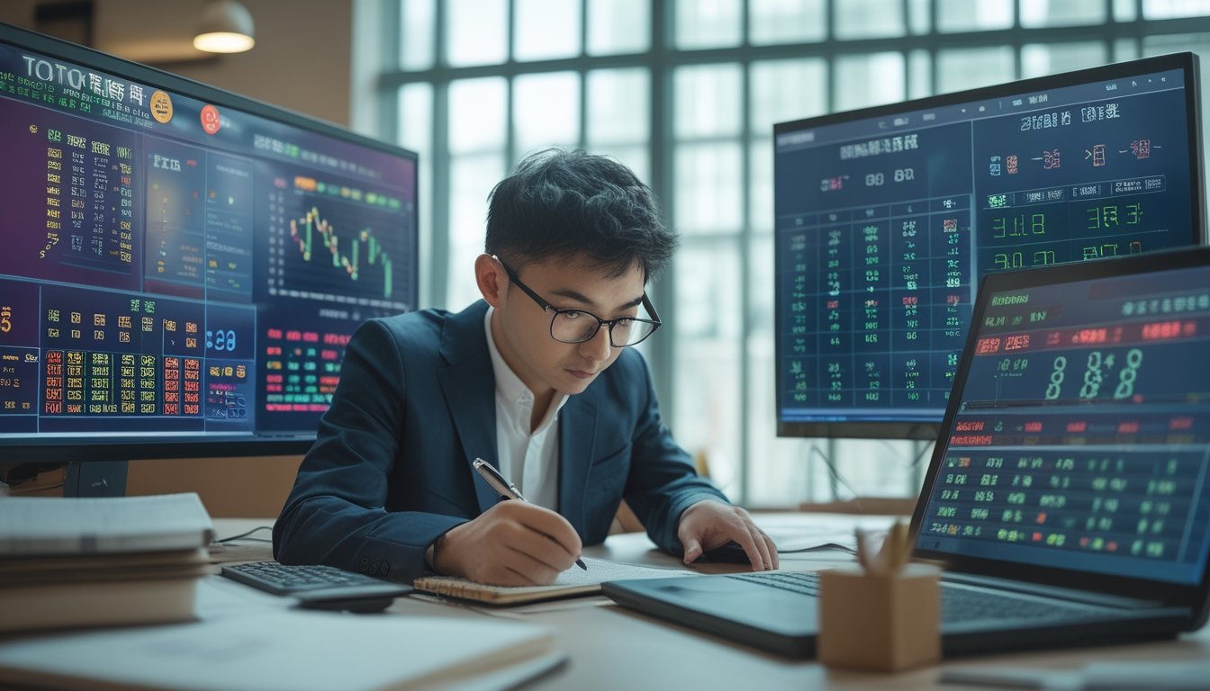 Seseorang sedang menganalisis data angka dan pola di depan beberapa layar digital di kantor modern.