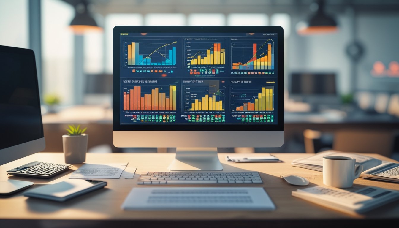 Sebuah ruang kerja dengan komputer yang menampilkan grafik dan dokumen di atas meja kayu, suasana fokus dan terorganisir.