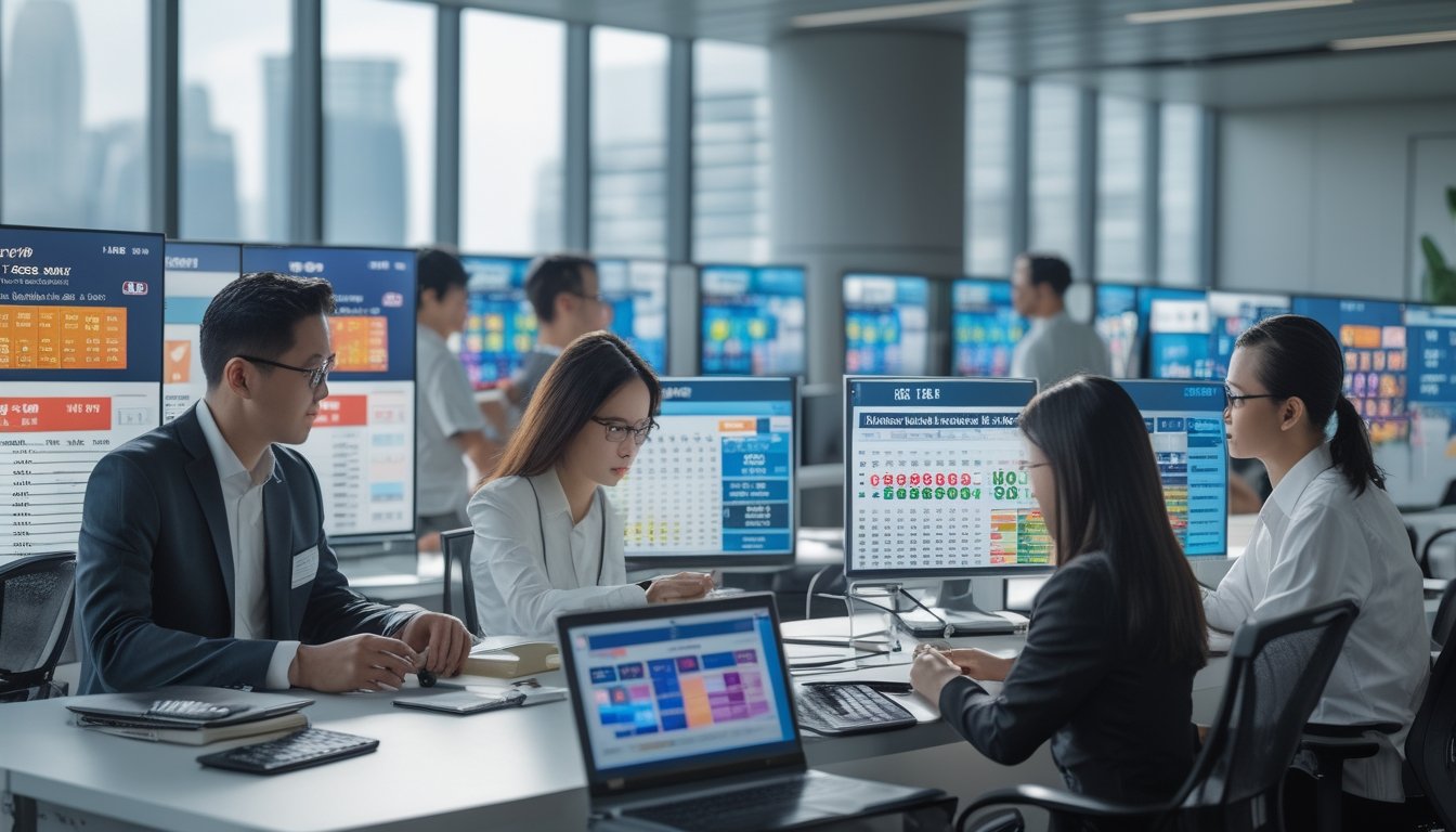 Sekelompok profesional sedang menganalisis data dan hasil lotere di ruang kantor modern dengan monitor komputer dan tablet.