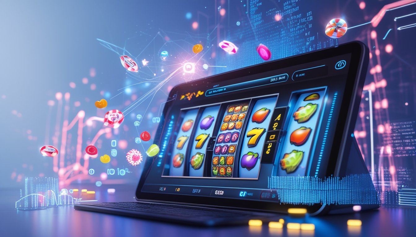Layar komputer menampilkan mesin slot digital dengan simbol berwarna-warni dan elemen digital yang menggambarkan aliran data dan proses acak dalam permainan slot online.