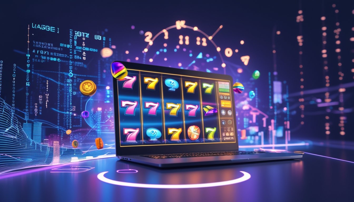 Tampilan antarmuka permainan slot online dengan gulungan berputar dan elemen digital yang menggambarkan teknologi sistem dan RNG.