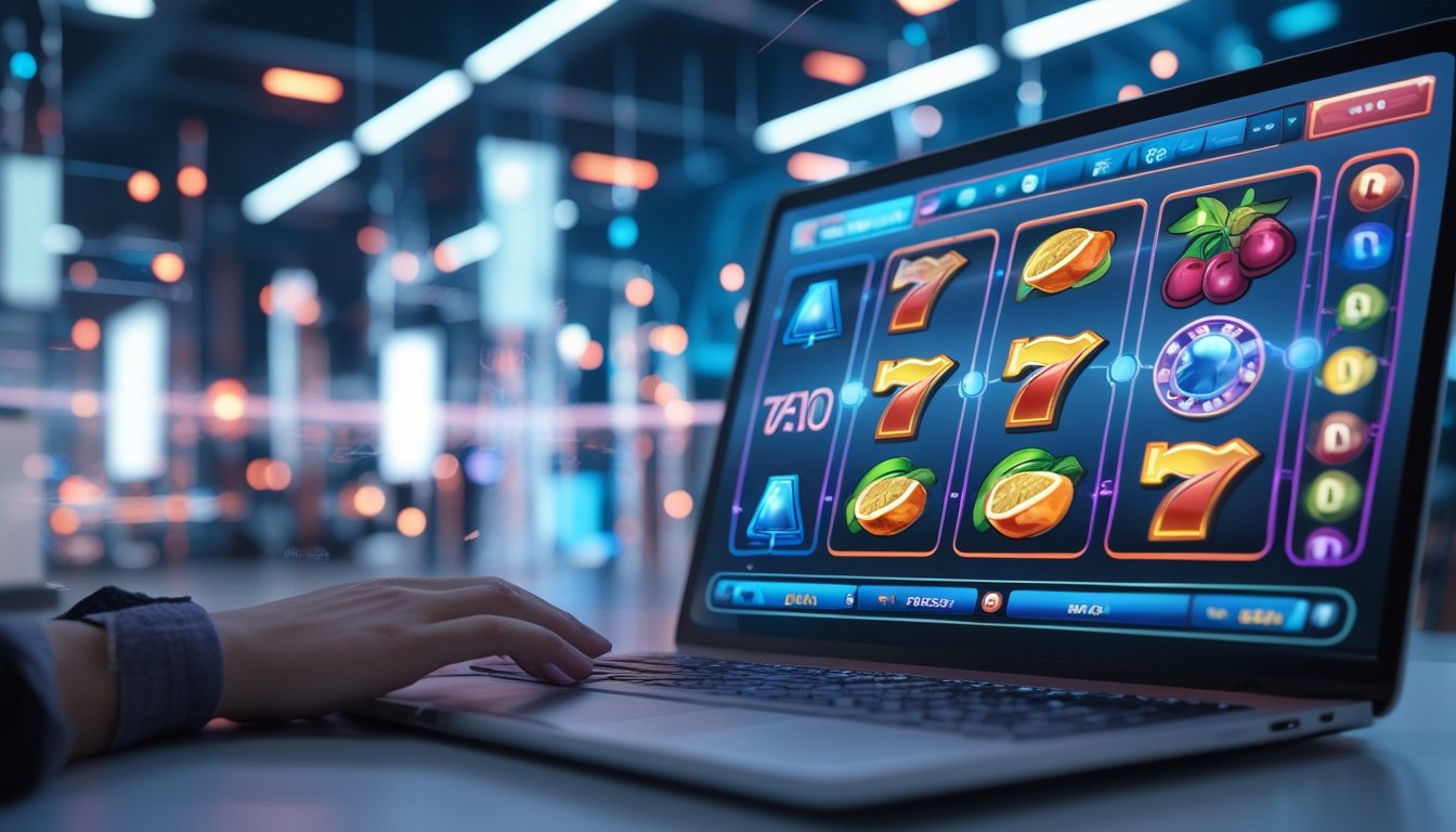 Layar komputer menampilkan permainan mesin slot online dengan simbol warna-warni dan animasi, di meja kerja modern dengan elemen konektivitas digital di sekitarnya.