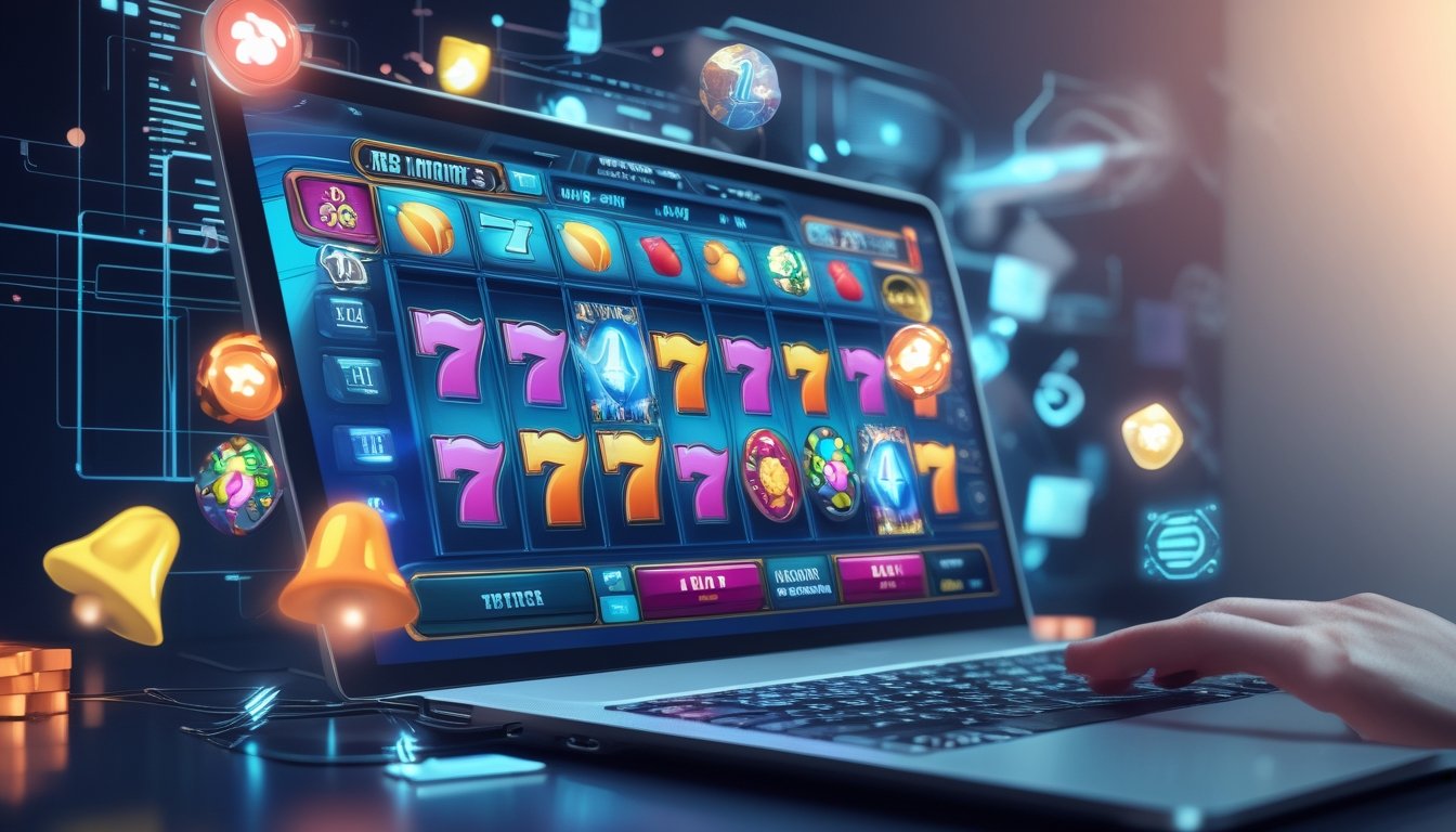 Layar komputer menampilkan permainan slot online dengan simbol warna-warni dan efek digital di sekitarnya.