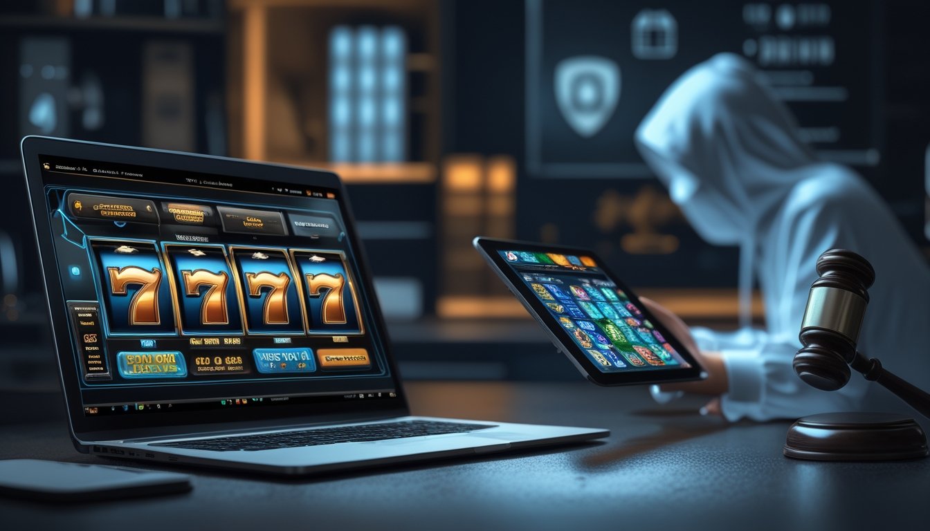 Seorang pengguna duduk di depan laptop dengan tampilan permainan slot online yang jelas, sementara di sebelahnya terdapat sosok samar menggunakan tablet dengan permainan slot yang kurang jelas, menunjukkan perbedaan antara slot online legal dan ilegal.