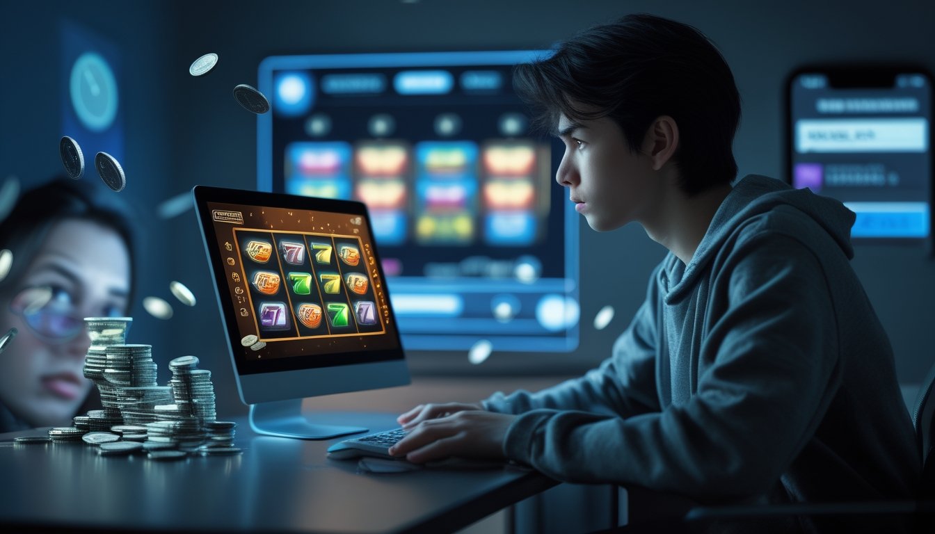 Seorang dewasa muda duduk di depan laptop dengan ekspresi khawatir, bermain game slot online di ruangan dengan cahaya redup.