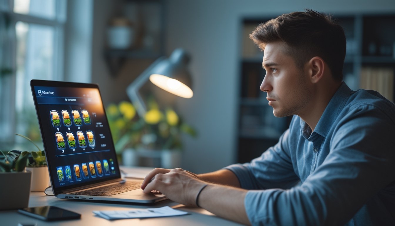 Seorang pria muda duduk di depan laptop yang menampilkan permainan slot online, terlihat fokus dan sedikit khawatir di ruang kerja rumah.