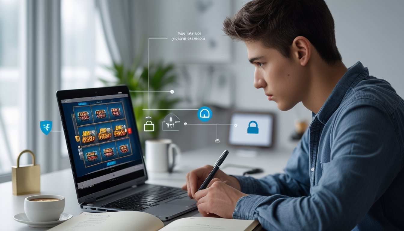 Seseorang sedang duduk di depan laptop di ruang kerja rumah, fokus melihat layar dengan permainan slot online, sambil mencatat dan menunjukkan sikap hati-hati.
