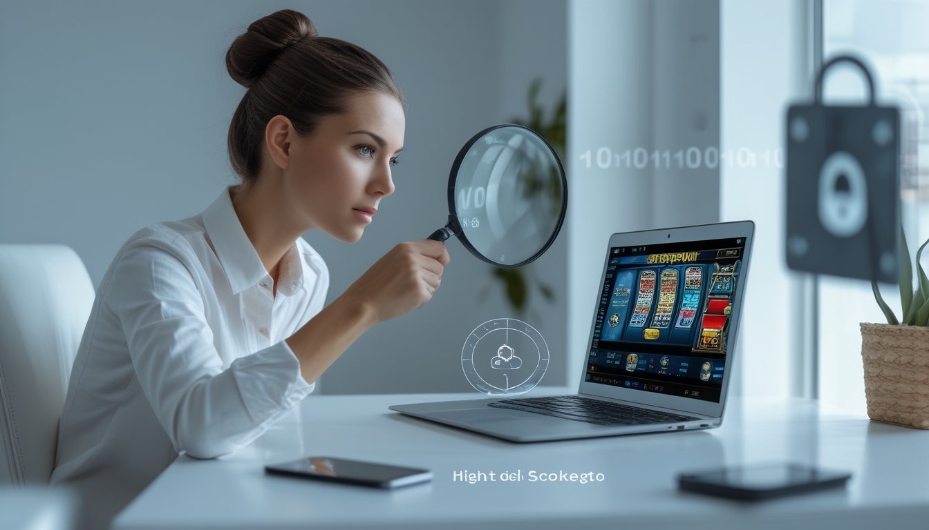 Seseorang duduk di depan laptop di meja kerja memeriksa situs slot online dengan ekspresi fokus dan berhati-hati.