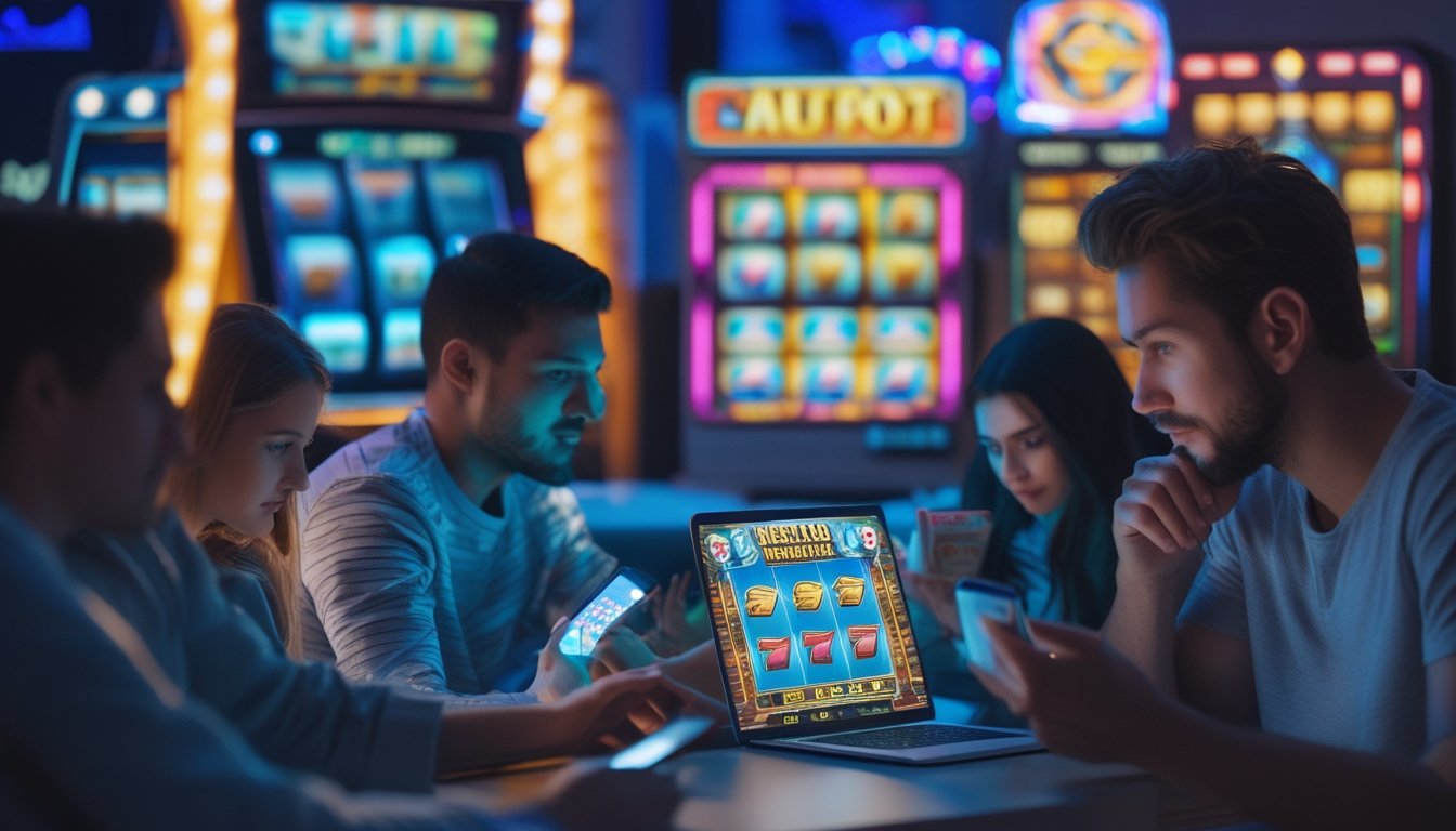 Beberapa orang sedang bermain game slot online di perangkat mereka di ruang tamu yang nyaman.