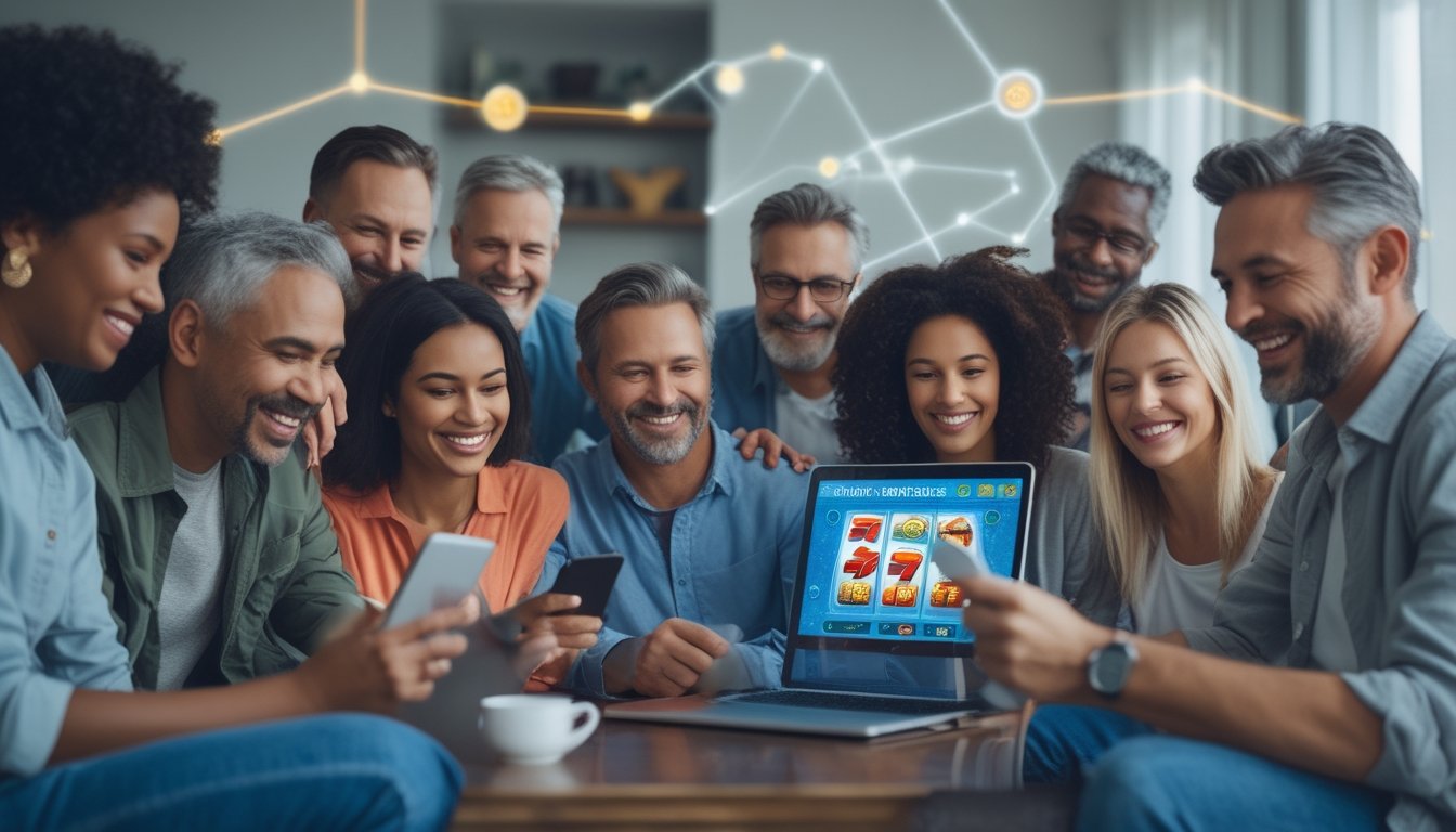Sekelompok orang yang sedang bermain game slot online menggunakan ponsel dan laptop di ruang tamu yang cerah dan modern.