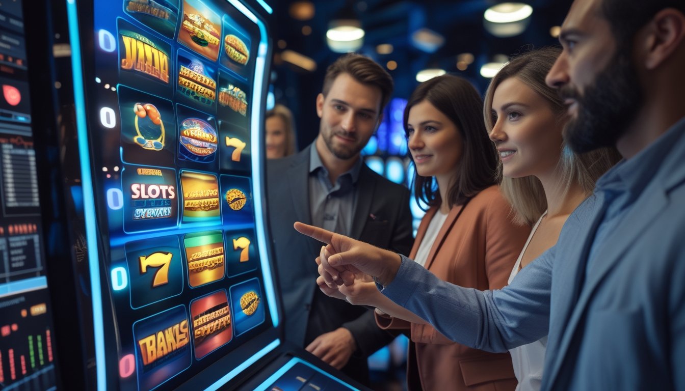 Beberapa orang dewasa sedang melihat dan berdiskusi di depan layar mesin slot digital dengan simbol dan meter jackpot yang menyala.