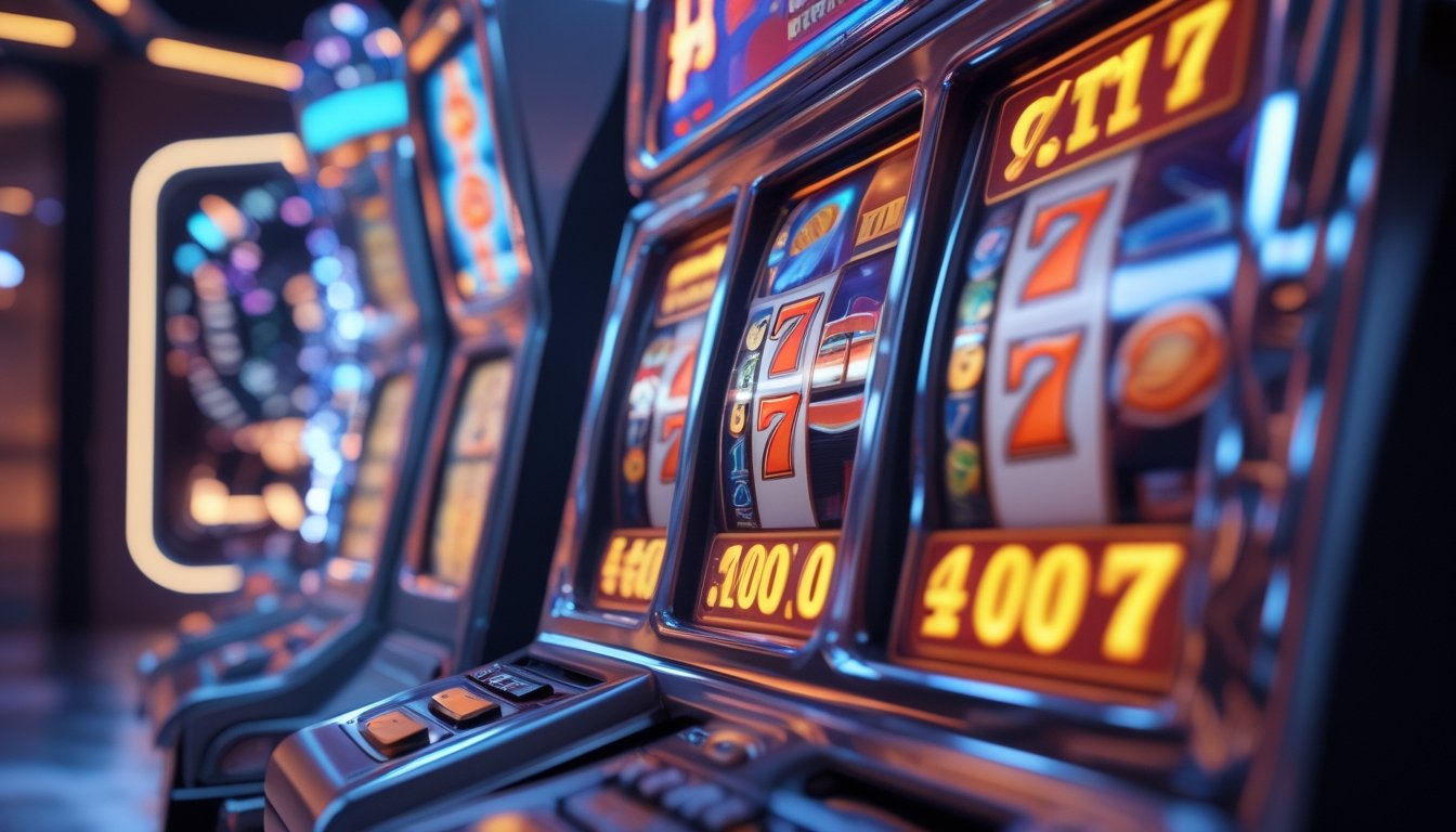 Mesin slot digital berwarna-warni dengan simbol jackpot yang berputar di dalam suasana kasino futuristik.