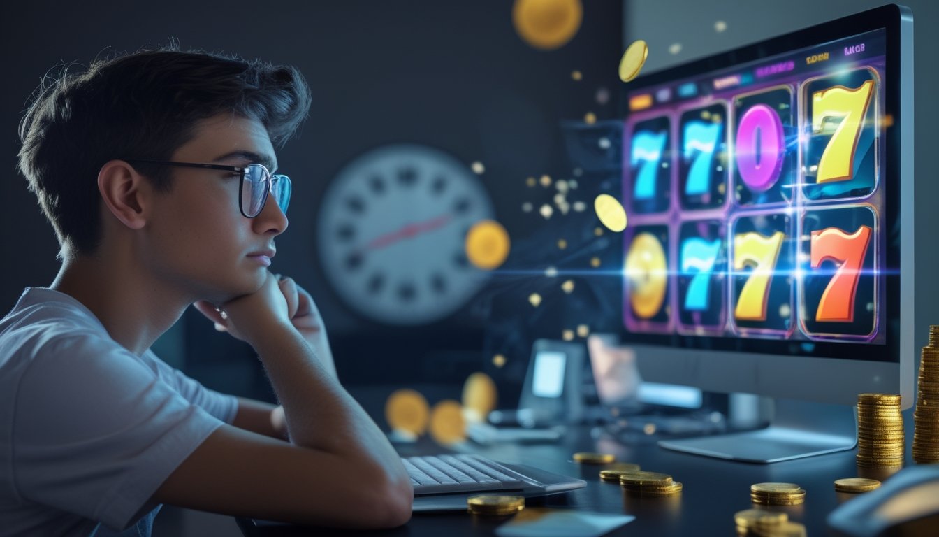 Seorang dewasa muda duduk di depan komputer dengan layar permainan slot online yang berwarna-warni, terlihat fokus dan sedikit stres di ruangan yang remang-remang.