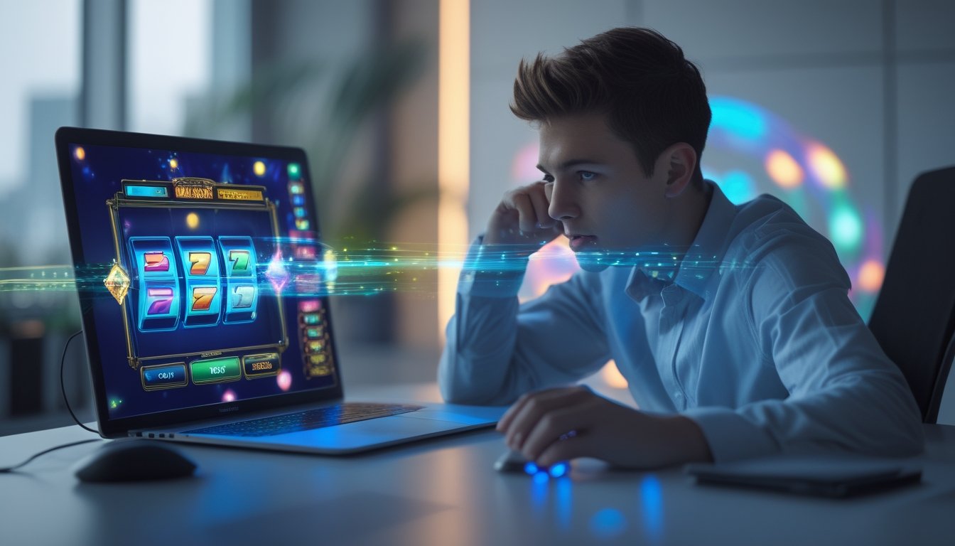 Seorang dewasa muda duduk di depan laptop yang menampilkan permainan slot online dengan cahaya dan efek suara yang terlihat mengelilinginya.