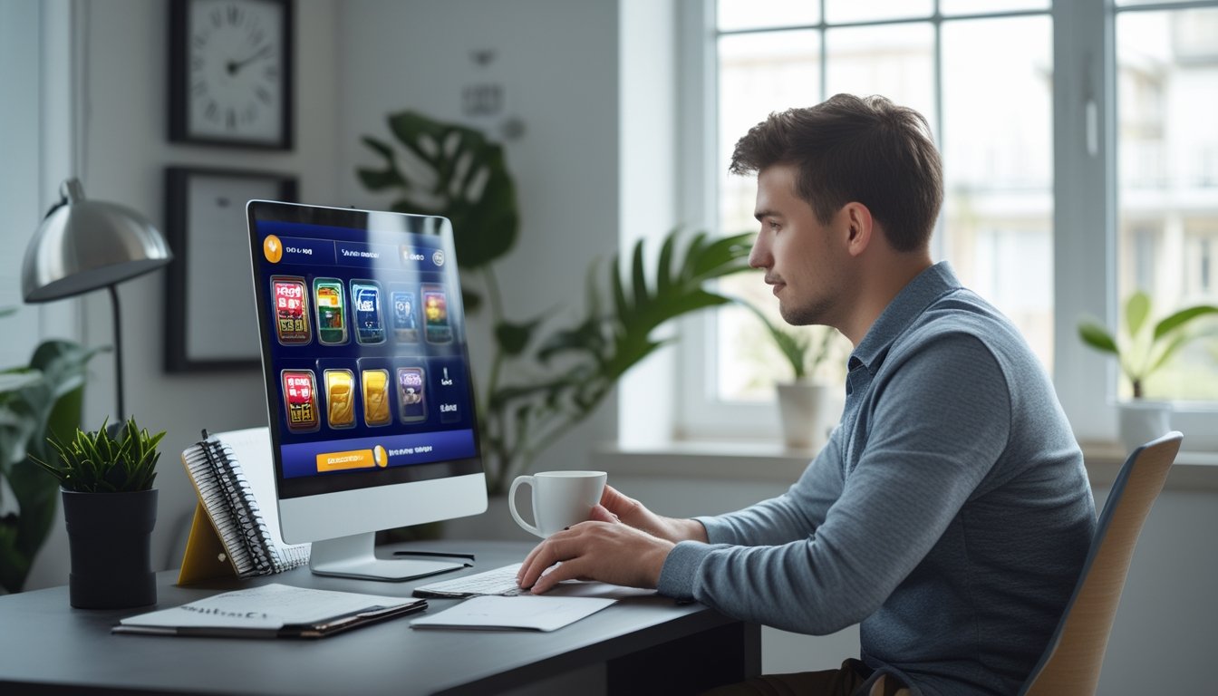 Seorang pria muda duduk di meja dengan laptop, fokus bermain game slot online dengan suasana ruangan yang rapi dan tenang.