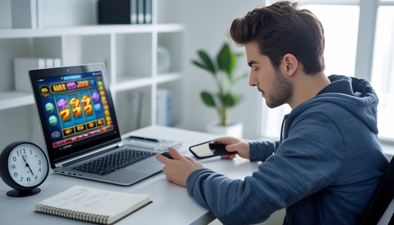 Seorang pria muda duduk di meja kerja dengan laptop yang menampilkan permainan slot online dan jam dinding di dekatnya, menunjukkan pengelolaan waktu saat bermain game.
