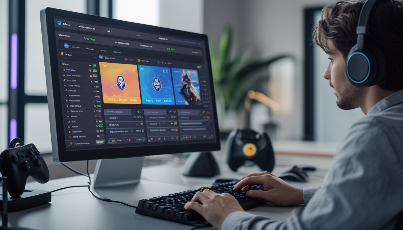 Orang sedang menggunakan komputer dengan tampilan permainan esports dan grafik taruhan di layar dalam ruangan yang rapi dan terang.