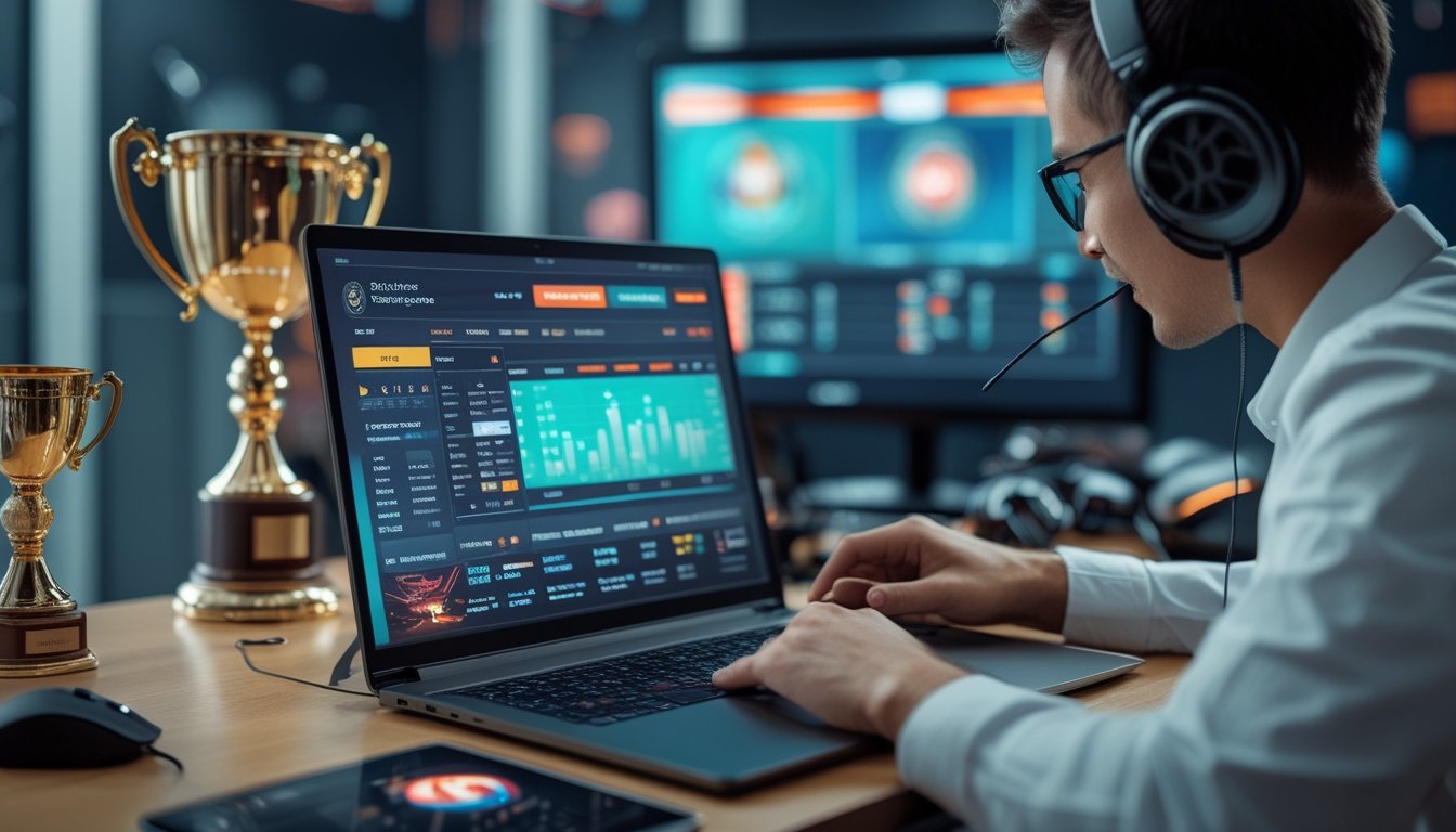 Seseorang sedang menganalisis data di depan laptop dengan tampilan situs judi esports, dikelilingi perlengkapan gaming dan piala esports.