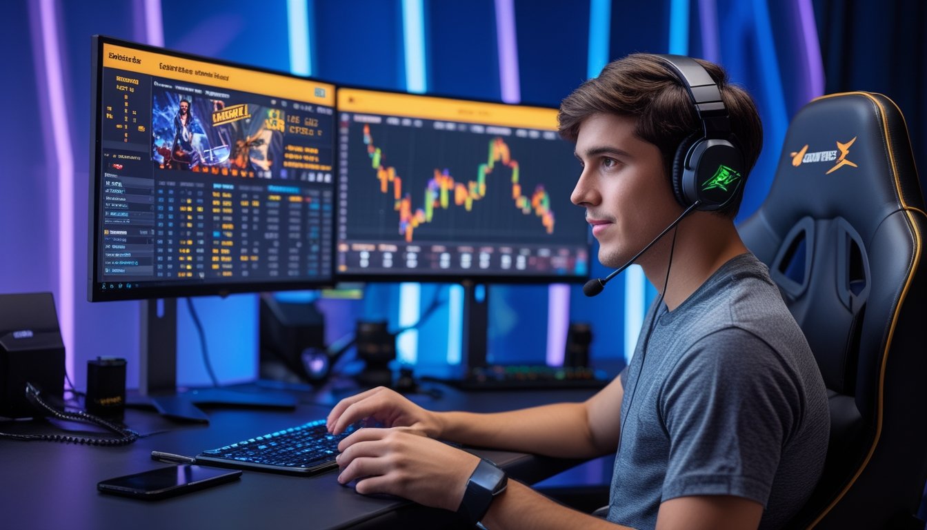 Seorang pria muda duduk di depan meja gaming dengan dua monitor yang menampilkan grafik permainan esports dan data taruhan, di ruangan dengan pencahayaan biru dan ungu.