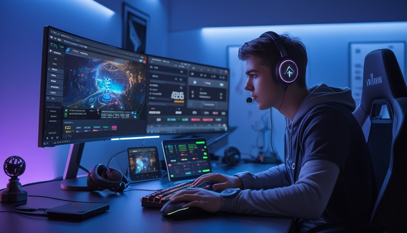 Seorang gamer muda sedang fokus bermain esports di ruang gaming dengan monitor besar dan perangkat gaming lengkap, di sekitarnya terlihat perangkat digital yang menampilkan aplikasi taruhan dengan grafik peluang.