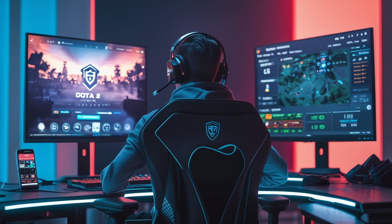 Seorang pemain esports fokus bermain game Dota 2 dan CS2 di meja gaming dengan dua monitor dan perlengkapan gaming lengkap.