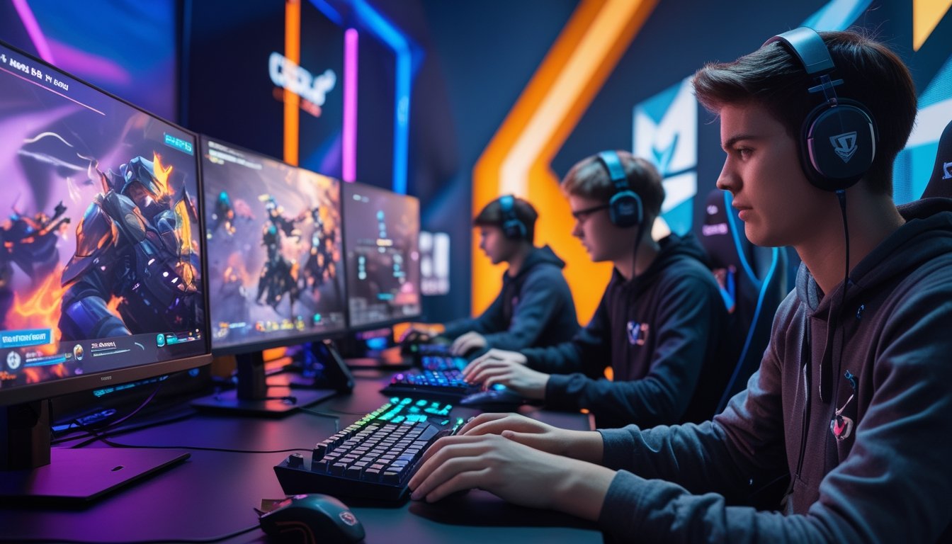 Beberapa pemain muda sedang bermain game esports Dota 2 dan CS2 di komputer dengan layar besar di ruangan gaming modern.