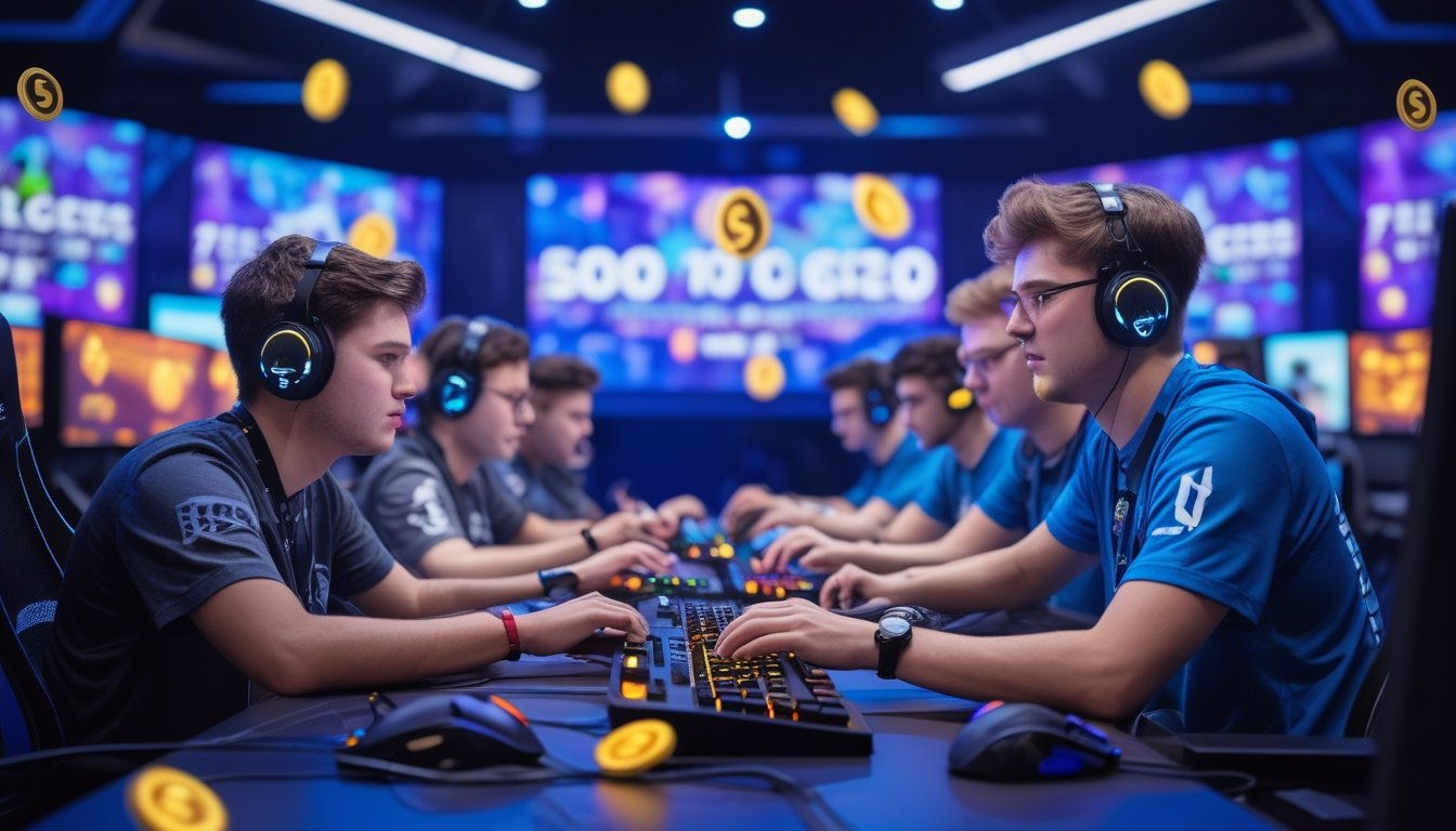 Sekelompok orang muda fokus bermain game esports di arena gaming dengan monitor besar dan peralatan gaming canggih, dikelilingi oleh ikon digital yang melambangkan bonus dan promosi.