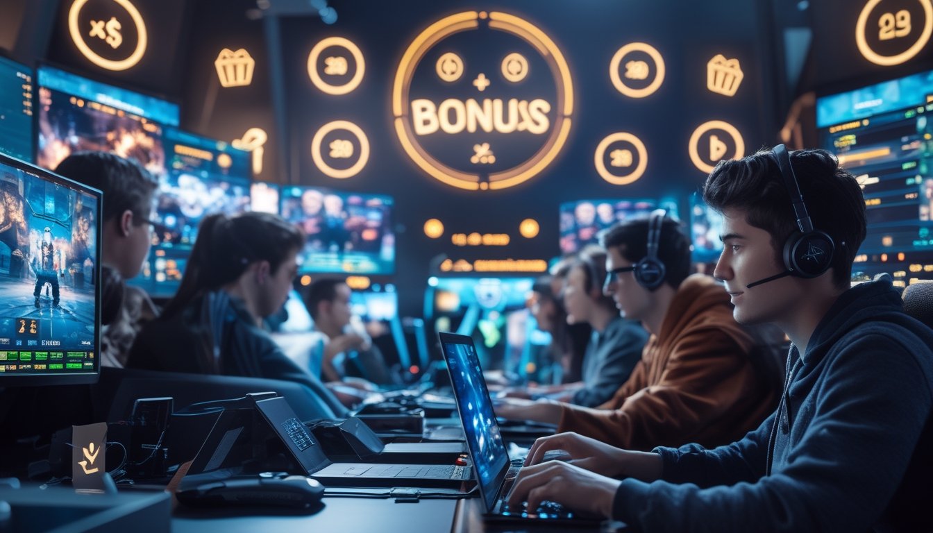 Sejumlah orang muda sedang menggunakan komputer dan ponsel untuk bertaruh pada pertandingan esports di lingkungan permainan yang modern dan cerah.