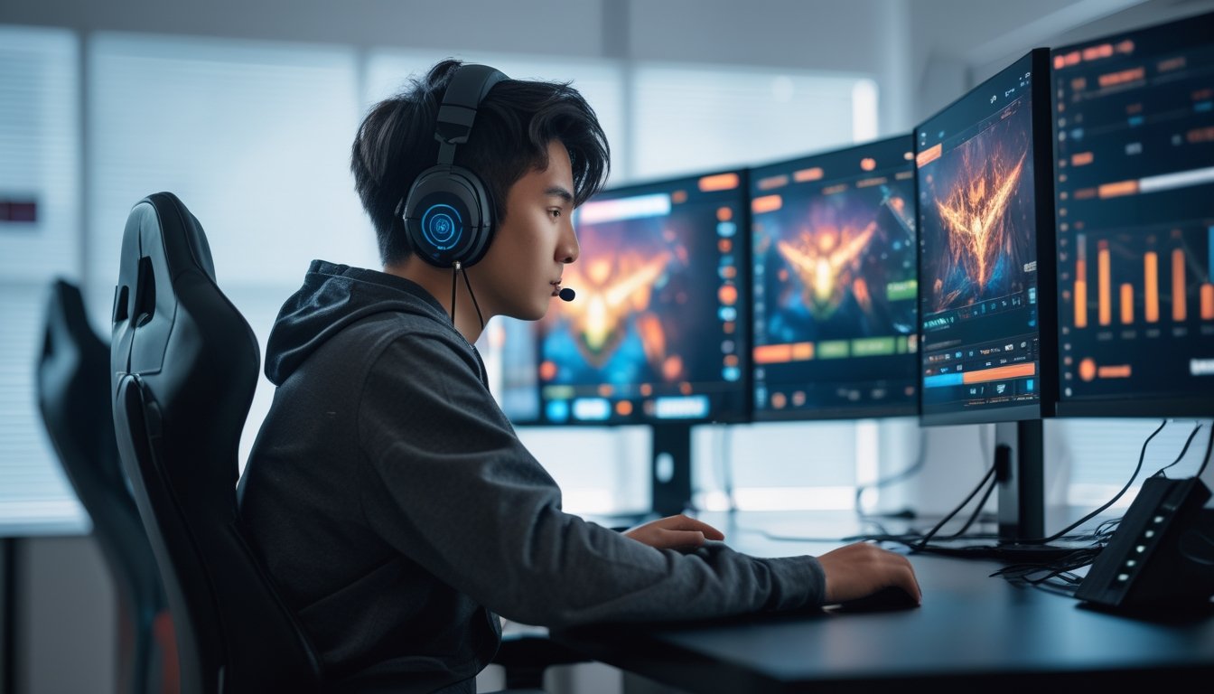 Seorang gamer muda yang fokus bermain esports di depan beberapa monitor dengan tampilan grafik permainan dan ikon keamanan di layar.