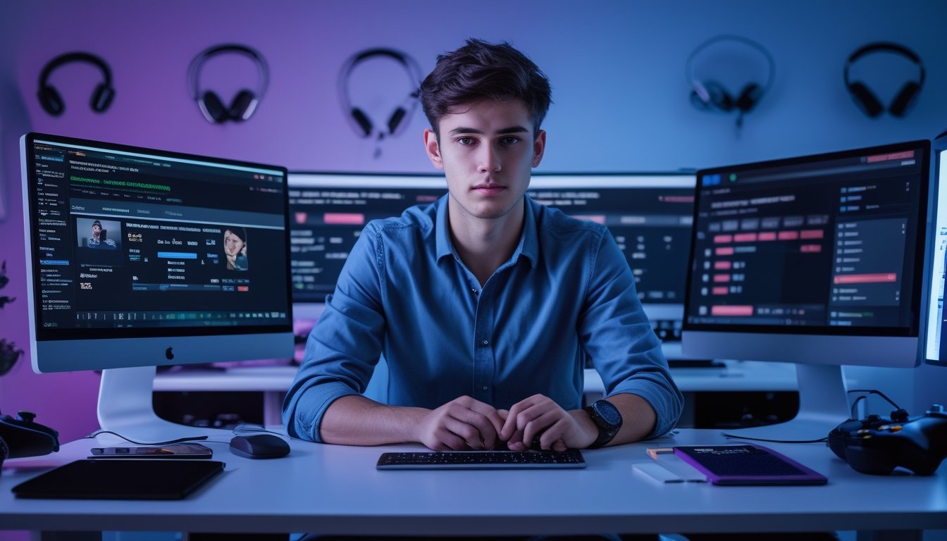 Seorang dewasa muda duduk di meja dengan beberapa layar komputer menampilkan permainan esports dan platform taruhan, di ruang gaming yang terang dan modern.