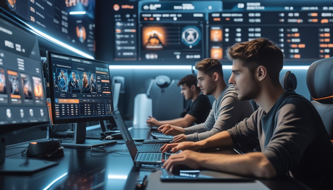 Beberapa orang muda sedang menggunakan perangkat elektronik di ruangan dengan layar besar yang menampilkan permainan esports dan data taruhan.