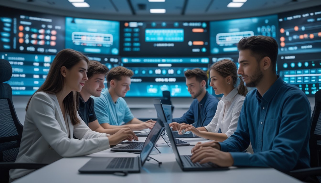 Sekelompok orang muda menggunakan laptop dan ponsel di ruangan dengan layar besar menampilkan pertandingan esports dan data taruhan secara real-time.